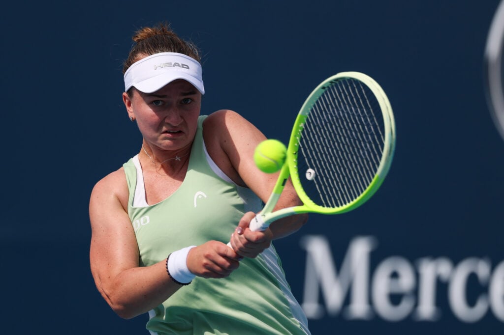Barbora Krejcikova hits a backhand against McCartney Kessler at the 2025 China Open.
