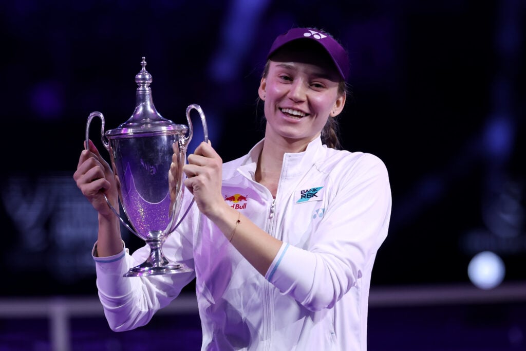 Elena Rybakina of Kazakhstan poses for a photo with the Billie Jean King Trophy after victory against Aryna Sabalenka during the Singles Final match on day eight of the WTA Finals Riyadh as part of the Hologic WTA Tour 2025 at King Saud University Indoor Arena on November 08, 2025 in Riyadh, Saudi Arabia.