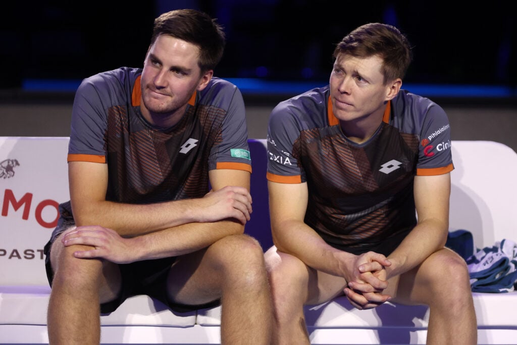 Harri Heliovaara and Henry Patten look on during a point at the ATP Finals.