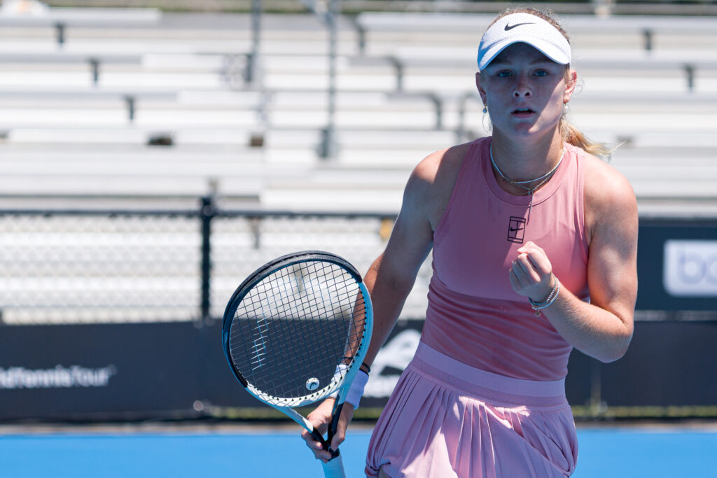 Emerson Jones of Australia celebrates a point against Talia Gibson of Australia at the NSW Open Women's Singles Final Match at Sydney Olympic Park Tennis Centre.