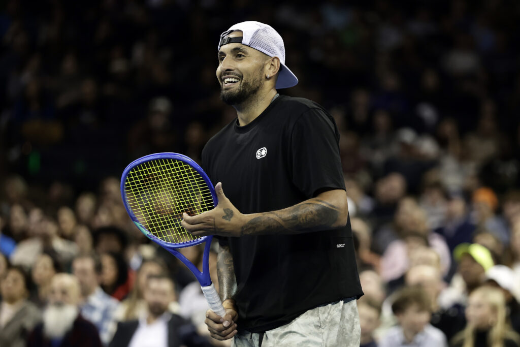 Nick Kyrgios reacts during the 2025 Garden Cup