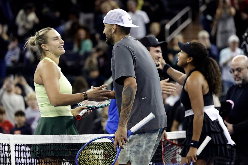 Nick Kyrgios and Aryna Sabalenka shake hands at the 2025 Garden Cup