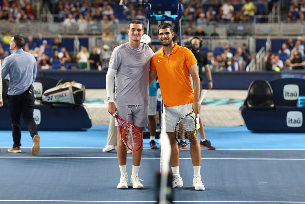Joao Fonseca and Carlos Alcaraz pictured before their exhibition match in Miami.