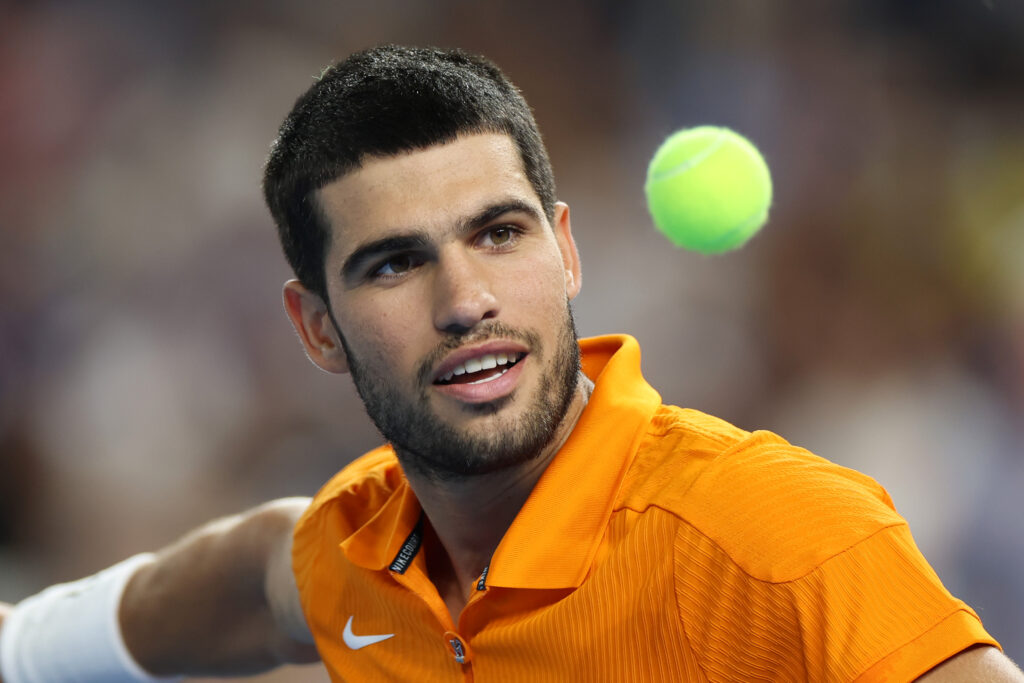 Carlos Alcaraz reacts after beating Joao Fonseca at the Miami Invitational in 2025