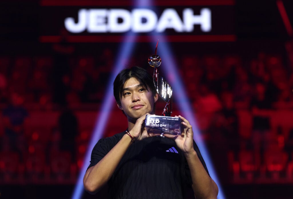 Learner Tien of USA holds the winners trophy after defeating Alexander Blockx of Belgium in the Final match on day five of the Next Gen ATP Finals presented by PIF at King Abdullah Sports City on December 21, 2025 in Jeddah, Saudi Arabia.