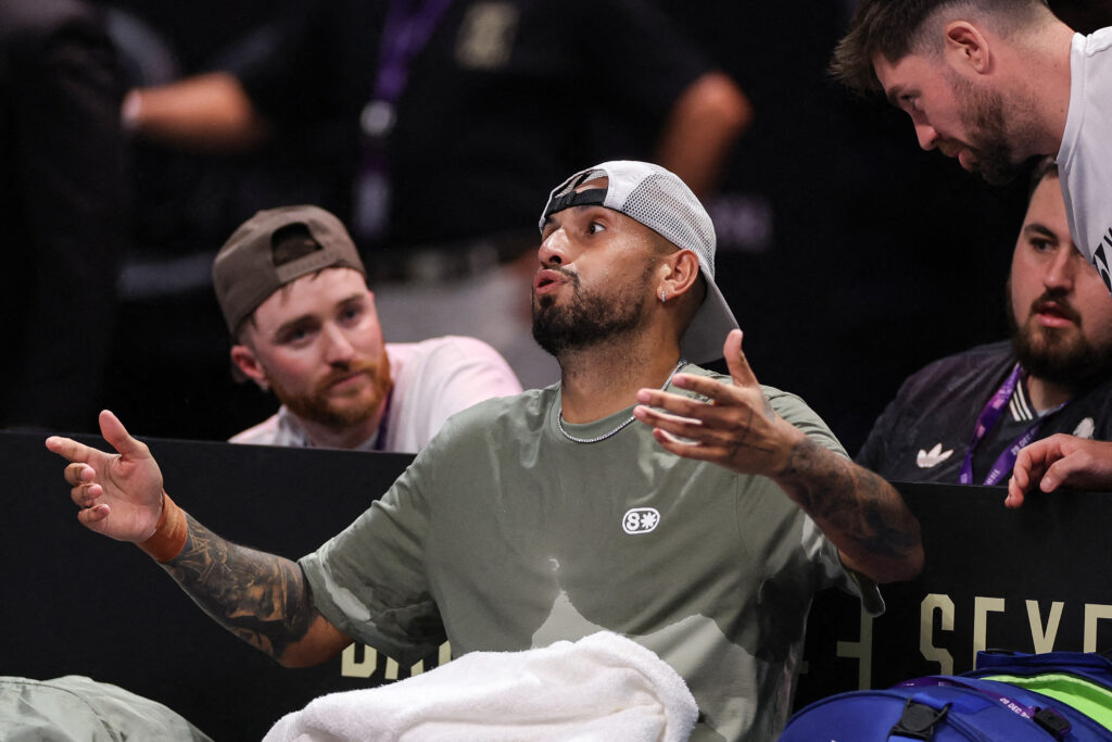 Australia's Nick Kyrgios reacts during his Battle of the Sexes exhibition tennis match against Belarus' Aryna Sabalenka in Dubai on December 28, 2025.