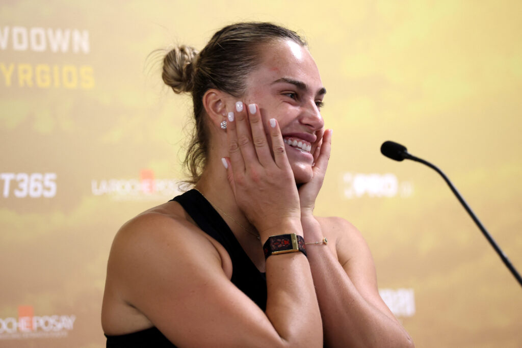 Aryna Sabalenka reacts.