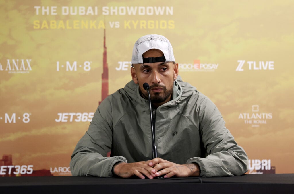 Nick Kyrgios of Australia looks on during a post match press conference following victory in the Battle of the Sexes match between Aryna Sabalenka and Nick Kyrgios of Australia at Coca-Cola Arena on December 28, 2025 in Dubai, United Arab Emirates.