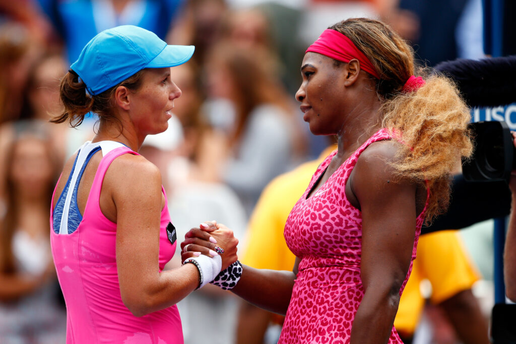 Serena Williams shakes hands with Varvara Lepchenko at the 2014 US Open.