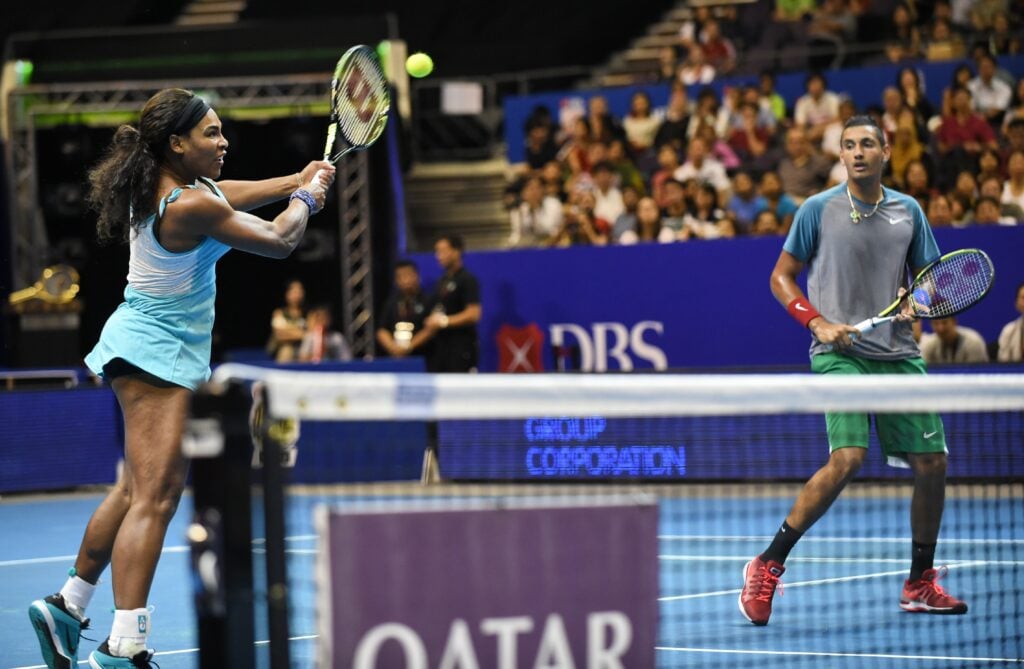 Serena Williams and Nick Kyrgios playing doubles together at the International Premier Tennis League in Singapore.
