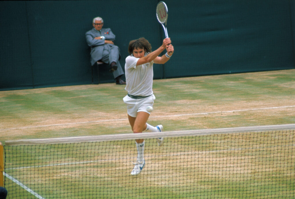 Jimmy Connors swings his racket at Wimbledon in 1975