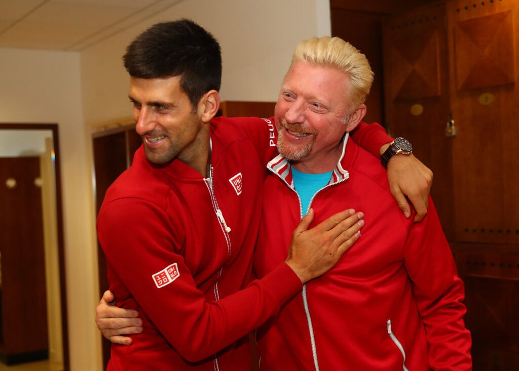 Novak Djokovic and Boris Becker celebrate together after winning the French Open in 2016