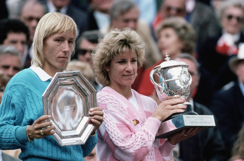 Martina Navratilova and Chris Evert pose with their trophies after the 1986 French Open final
