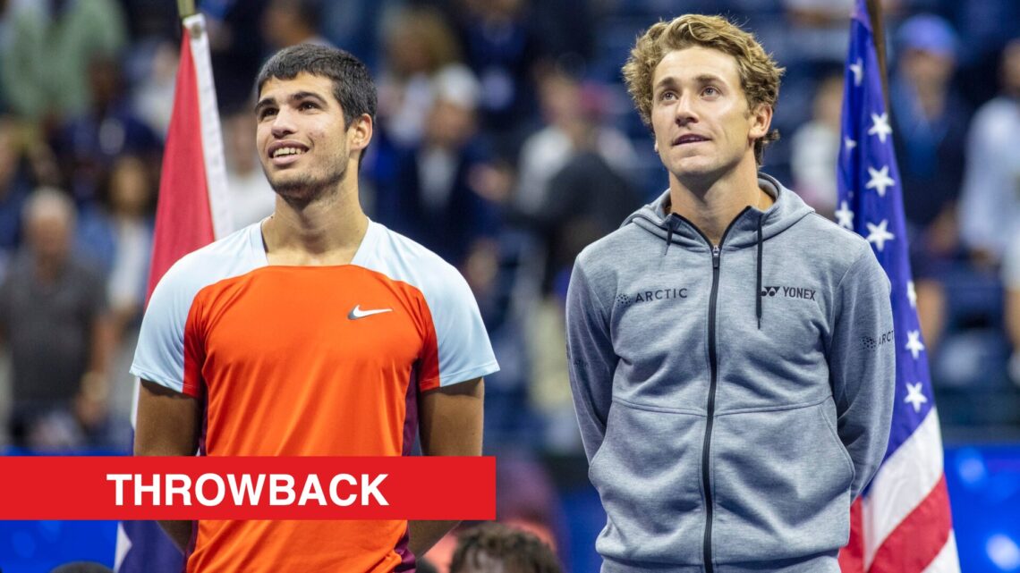 Carlos Alcaraz and Casper Ruud look on after the 2022 US Open final, with a throwback label.