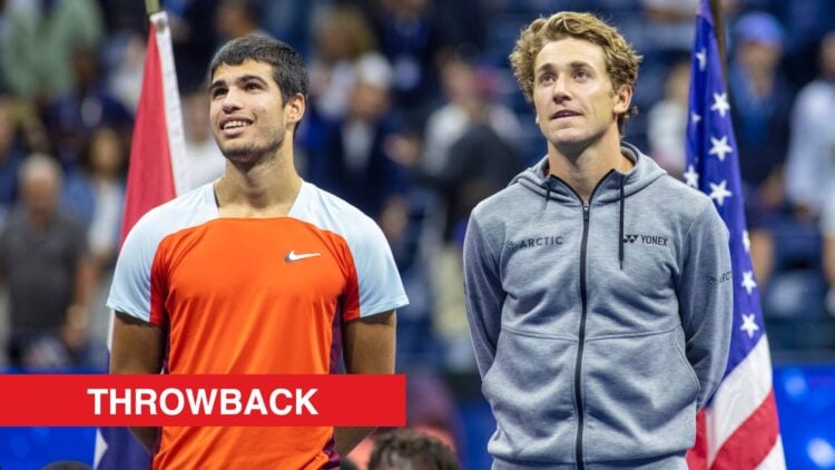 Carlos Alcaraz and Casper Ruud look on after the 2022 US Open final, with a throwback label.