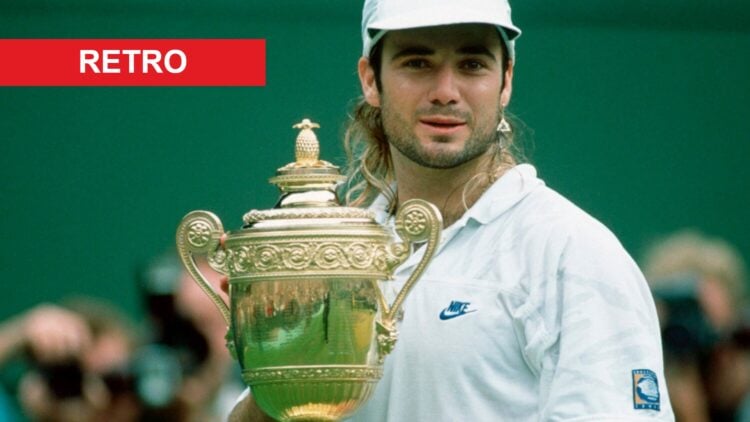 Image of Andre Agassi celebrating with the Wimbledon title in 1992