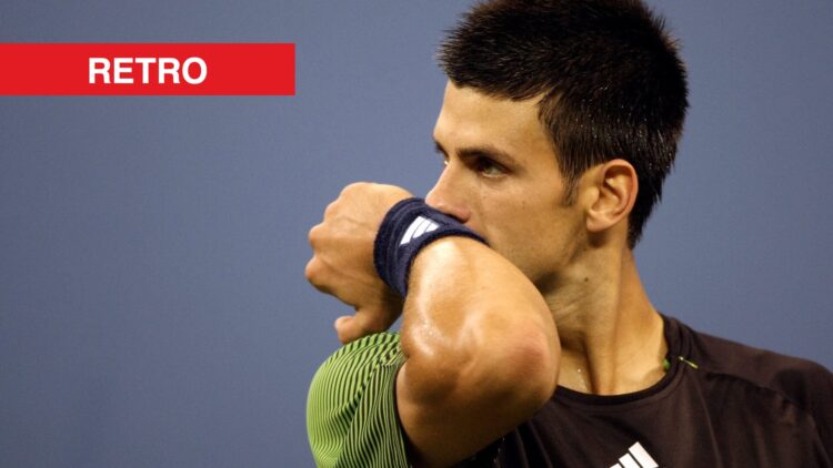 Novak Djokovic reacting at the 2008 US Open, with a retro label.