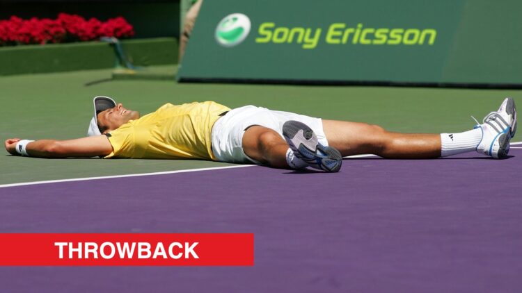 Novak Djokovic celebrating after winning the 2007 Miami Open, with a throwback label.