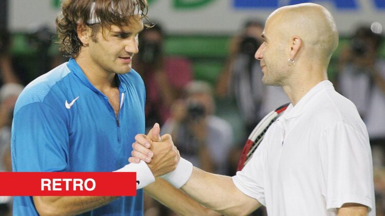 Roger Federer and Andre Agassi shake hands at the 2005 Australian Open, with a retro label.