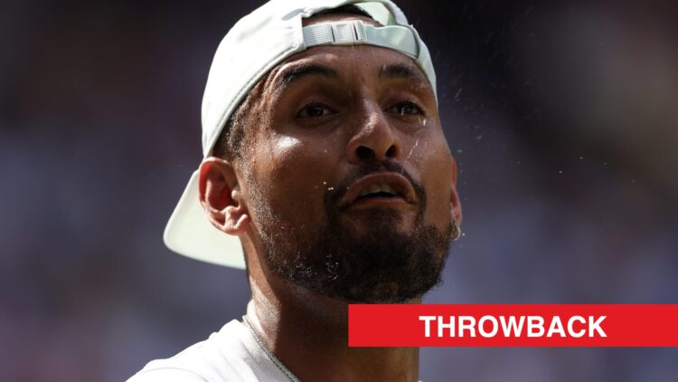 Nick Kyrgios reacting during his defeat to Novak Djokovic in the 2022 Wimbledon final, with a throwback label.