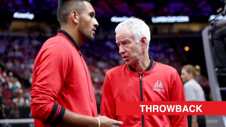 Nick Kyrgios and John McEnroe at the Laver Cup, with a throwback label.