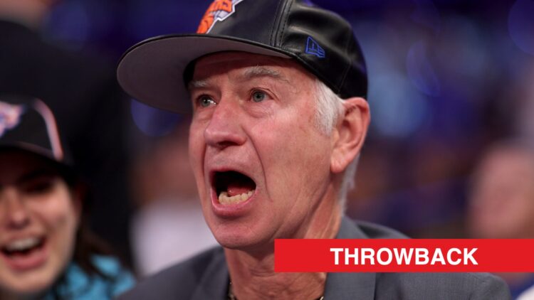 John McEnroe reacts at a New York Knicks game, with a throwback label.