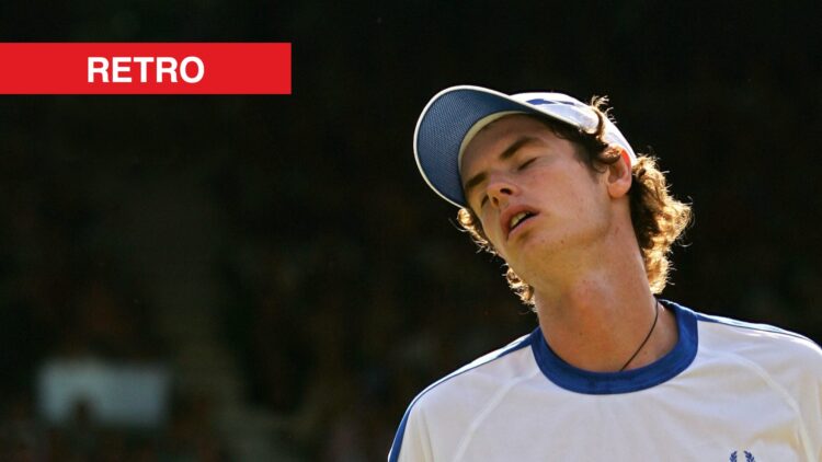 Andy Murray reacts at Wimbledon in 2006, with a retro label.