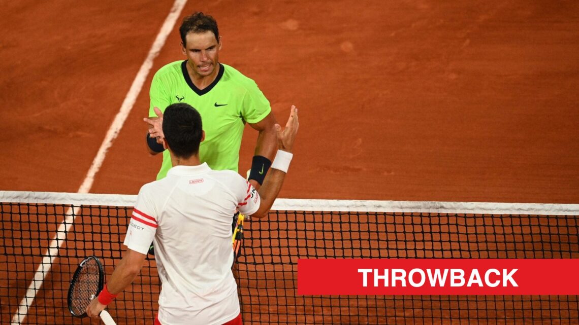 Rafael Nadal and Novak Djokovic meet at the net at Roland Garros in 2021, with a throwback label.