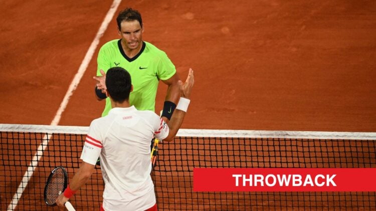Rafael Nadal and Novak Djokovic meet at the net at Roland Garros in 2021, with a throwback label.