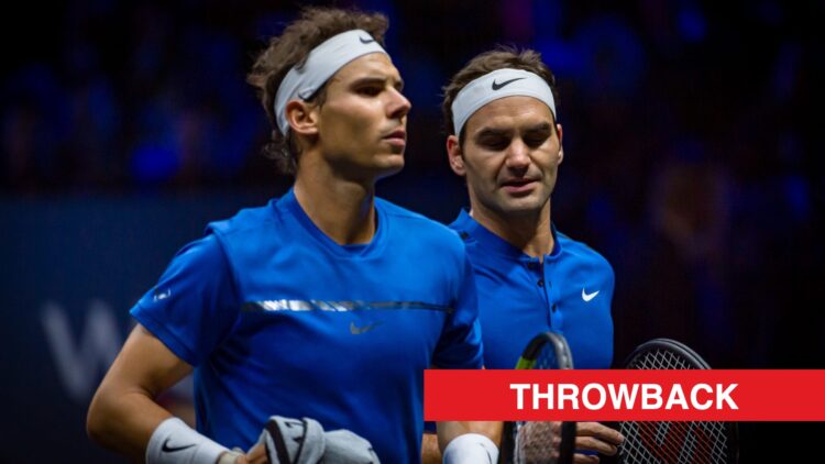 Rafael and Roger Federer in action at the 2017 Laver Cup, with a throwback label.