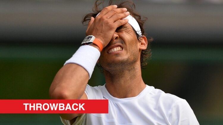 Rafael Nadal reacts at Wimbledon in 2015, with a throwback label.