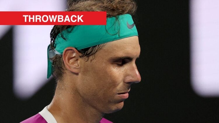 Rafael Nadal reacts at the 2022 Australian Open, with a throwback label.