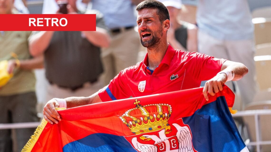 Image of Novak Djokovic in tears with the Serbian flag after winning Olympic gold in 2024