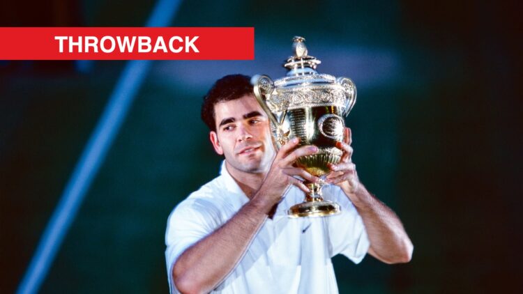 Pete Sampras holding the Wimbledon title in 2000, with a throwback label.