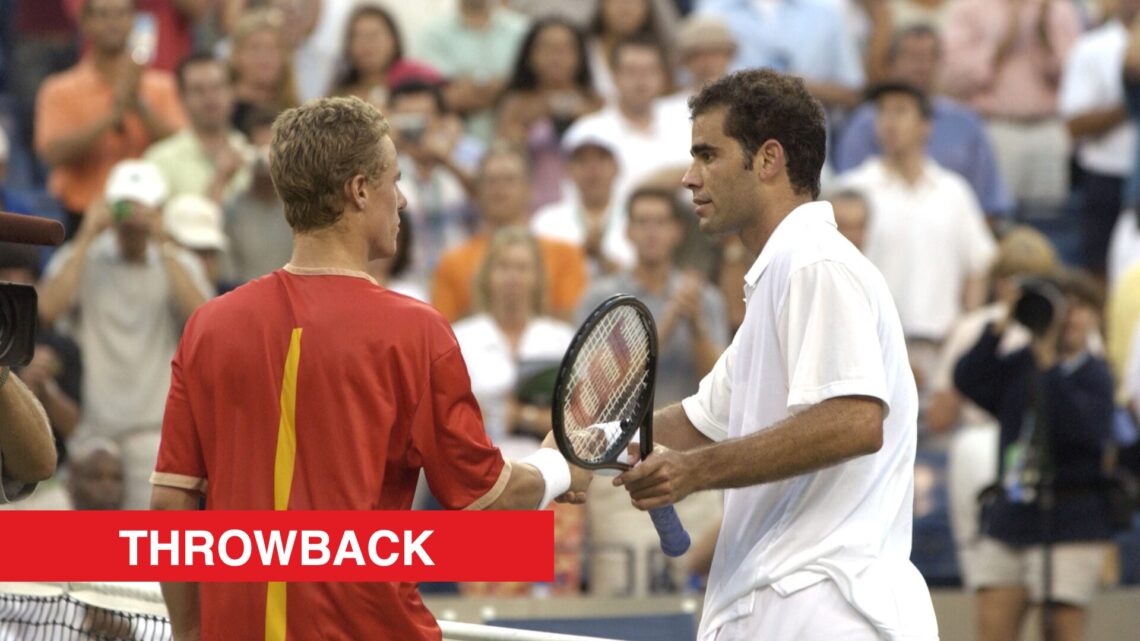 Pete Sampras and Lleyton Hewitt meet at the net at the US Open in 2001, with a throwback label.