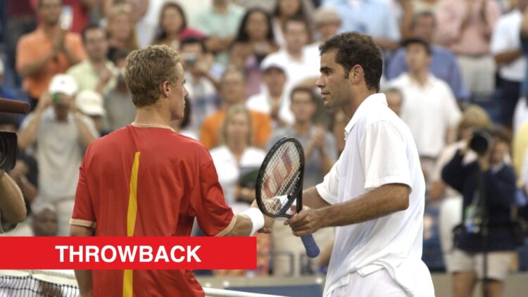 Pete Sampras and Lleyton Hewitt meet at the net at the US Open in 2001, with a throwback label.