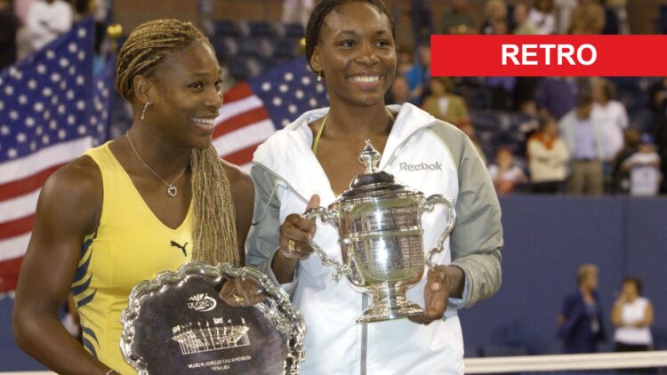 Image of Serena Williams and Venus Williams holding their trophies after the 2001 US Open final