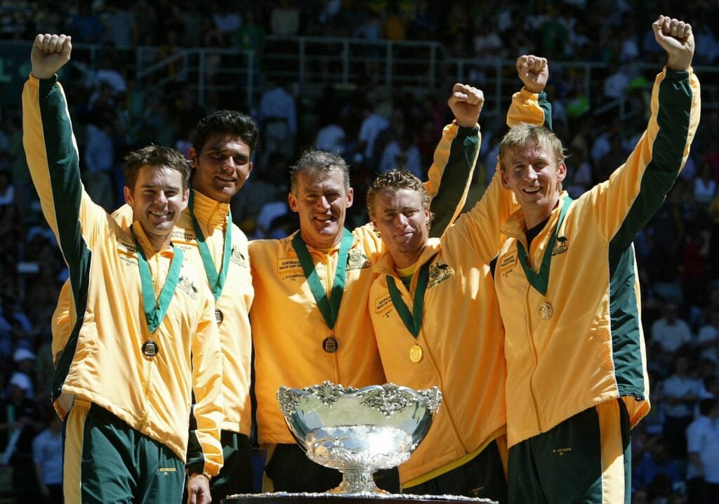 Team Australia celebrate with the Davis Cup title in 2003