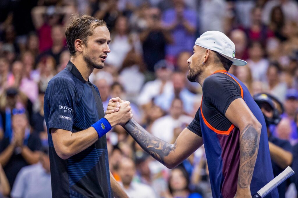 Daniil Medvedev shakes hands with Nick Kyrgios after being beaten at the 2022 US Open.