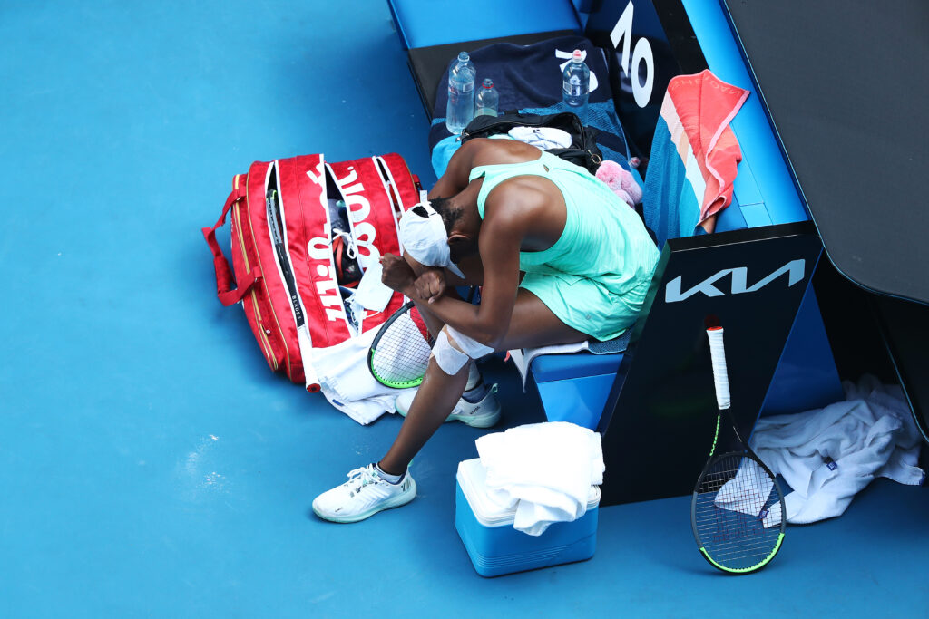 Venus Williams reacts at the 2021 Australian Open.