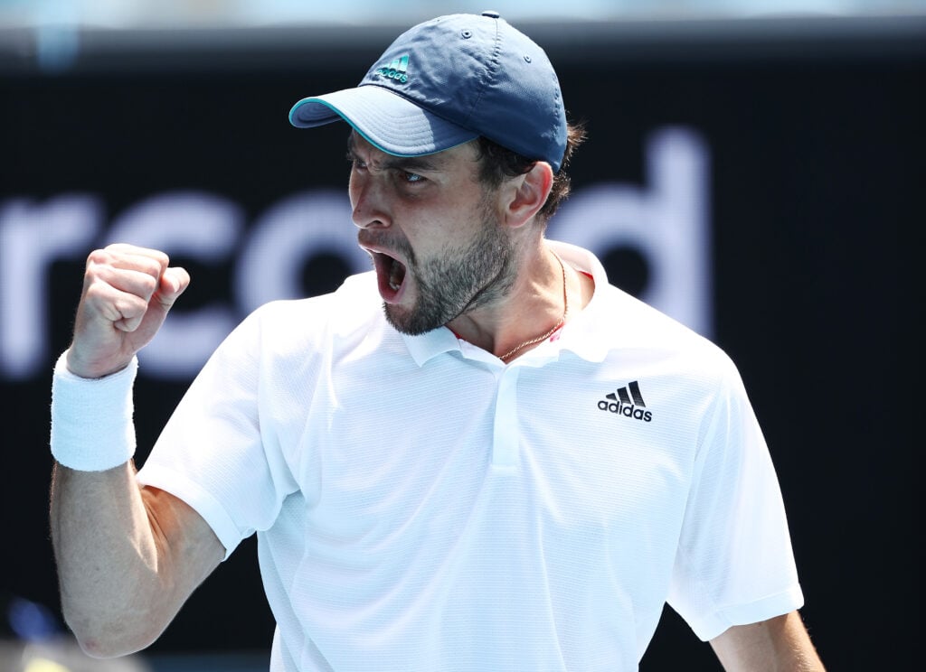 Aslan Karatsev celebrates at the 2021 Australian Open