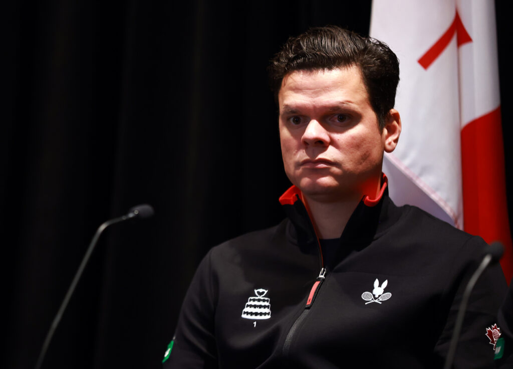 Milos Raonic speaks to the media at the Davis Cup in 2024.