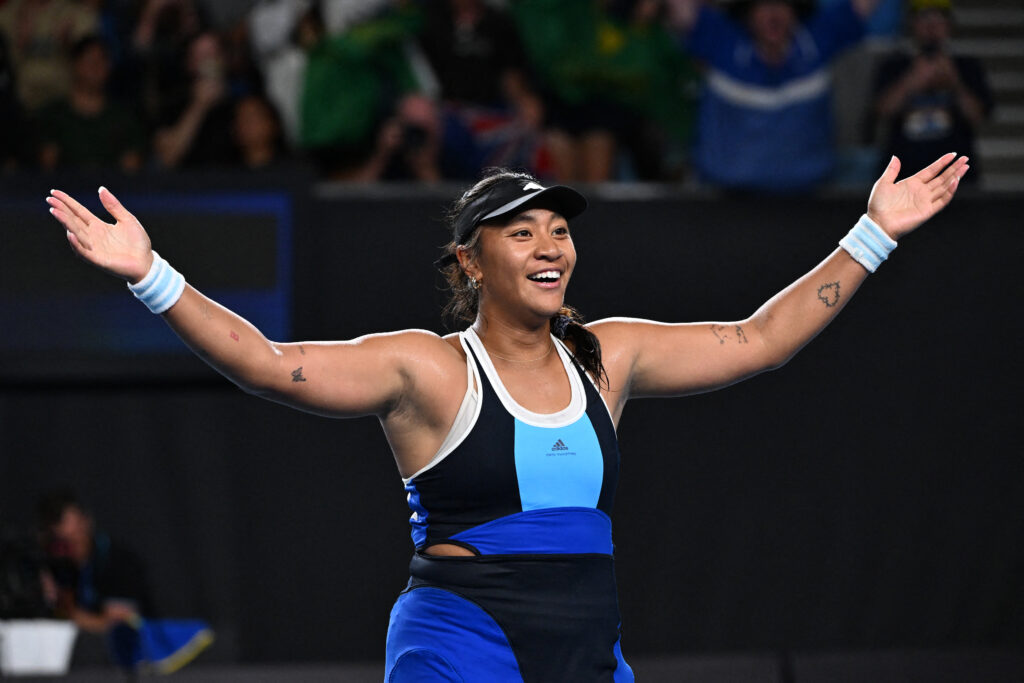 Destanee Aiava reacts after winning her first-round match at the 2025 Australian Open
