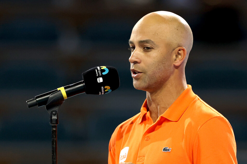 Tournament director James Blake speaks to the crowd after the men's singles final at the 2025 Miami Open.