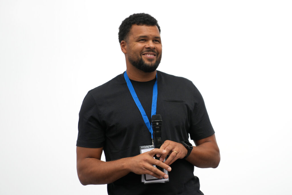 Jo-Wilfried Tsonga pictured on stage in 2025
