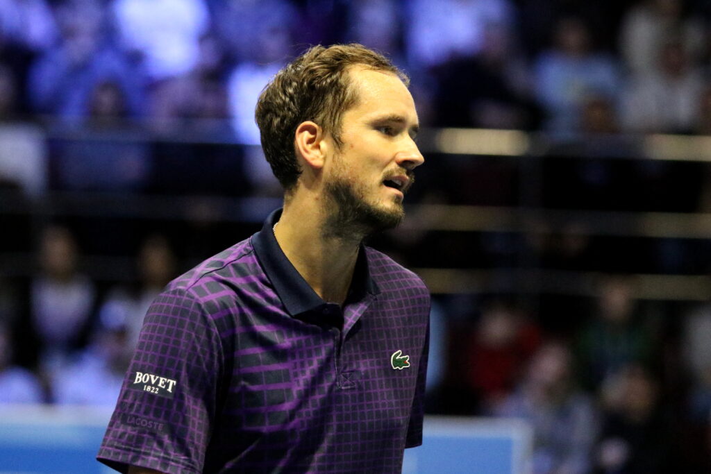 Daniil Medvedev plays Alexander Bublik in an exhibition match in 2025