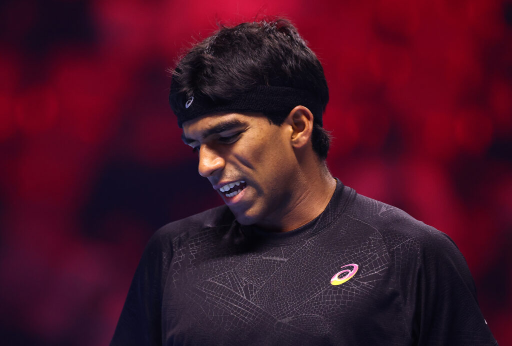 Nishesh Basavareddy reacts during his match against Learner Tien at the 2025 Next Gen ATP Finals in Jeddah, Saudi Arabia.