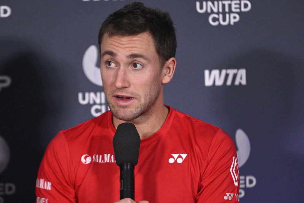 Casper Ruud speaks during a press conference ahead of the 2026 United Cup.