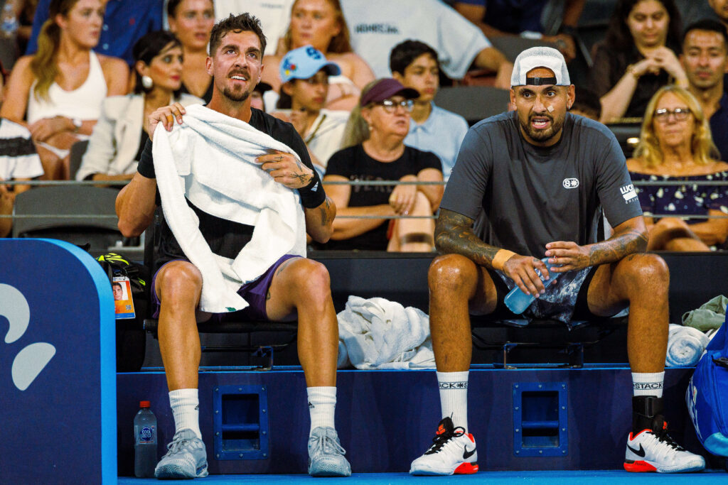 Thanasi Kokkinakis and Nick Kyrgios look on during the 2026 Brisbane International