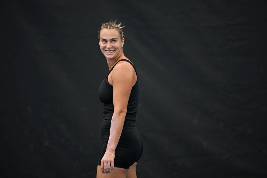 Aryna Sabalenka looks on during a practice session at the 2026 Brisbane International